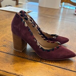 Anthropologie Burgundy Suede Heels with Braided Trim